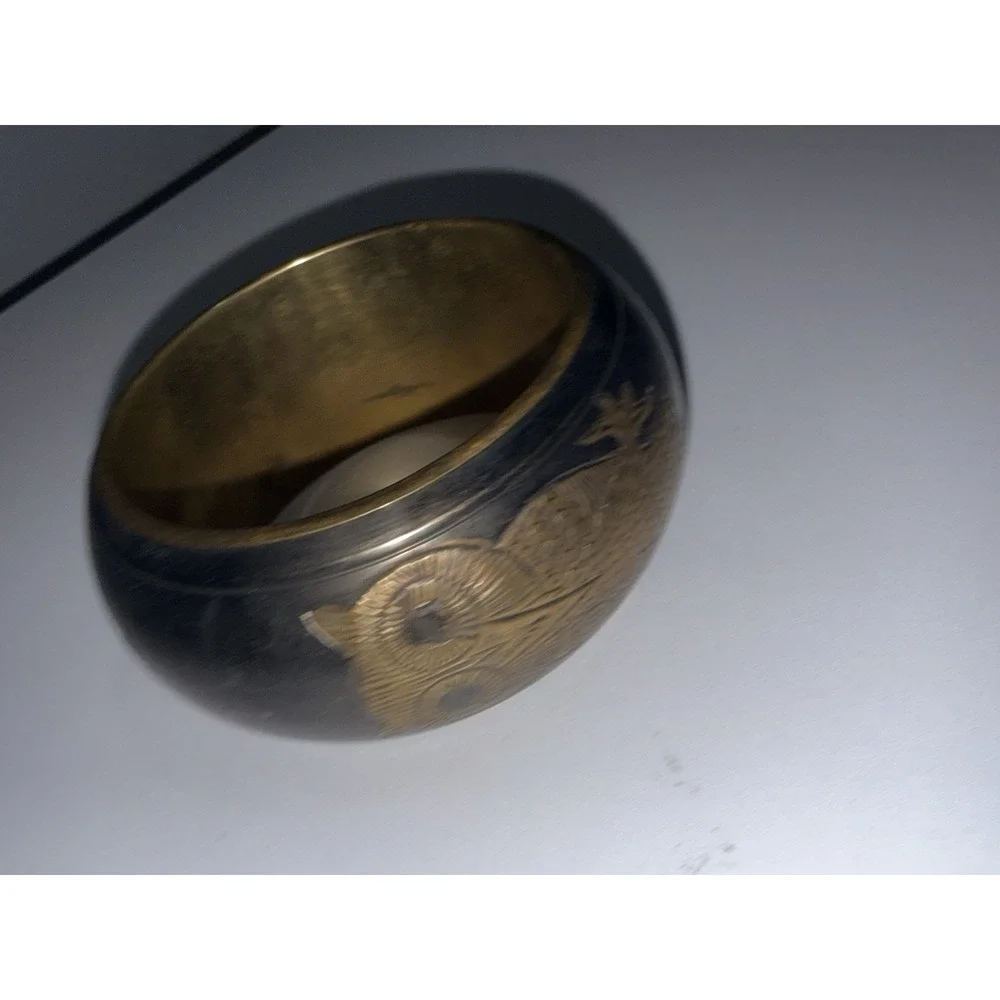 Vintage‎ Brass Etched Owl Design Wide Cuff Bracelet